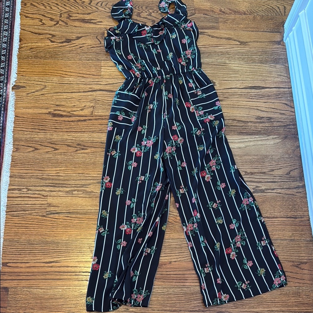 Truly Me Girls Floral Black Jumpsuit with pockets Sz 14 worn 1x